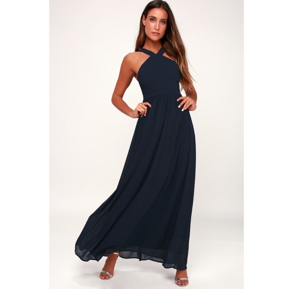 Lulu’s Air of Romance Navy Blue Maxi Dress (XS)